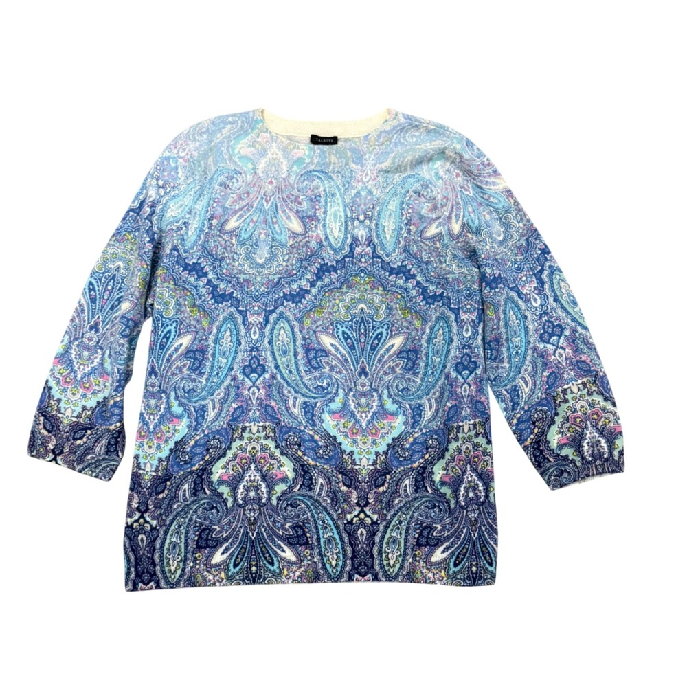 Talbots Pure Cashmere Paisley Print Sweater Blue Purple XL NWT